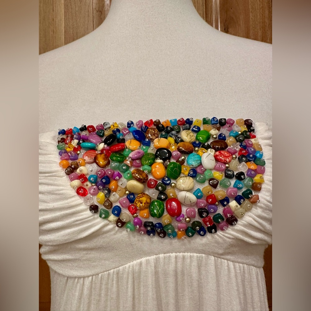VTG Amore Beaded Bodice Detail Off-White Ruched/Stretch Strapless Sundress EUC S